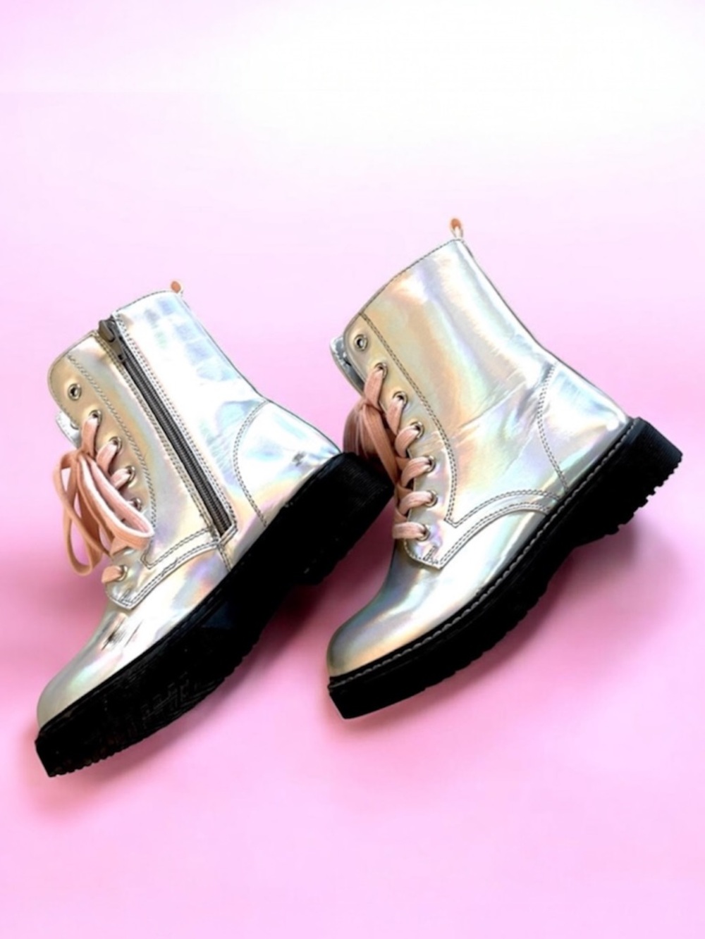 Bella & Birdie Holographic Combat Boots with Pink Laces